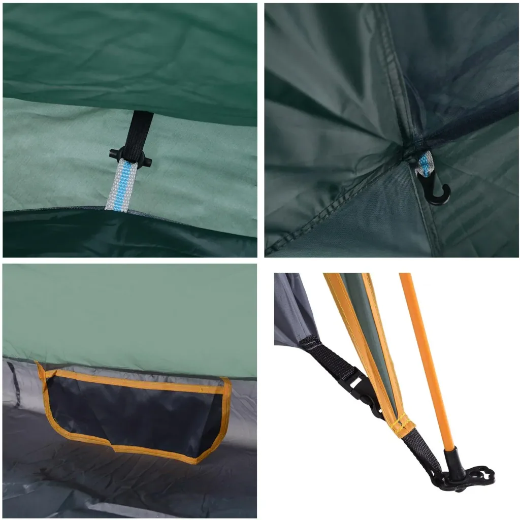 Doppelzelt Campingzelt Quick-Up-Zelt 2 Erwachsene + 1 Kind wasserdicht Tragetasche 2 Türen Dunkelgrün 210 x 210 x 140 cm