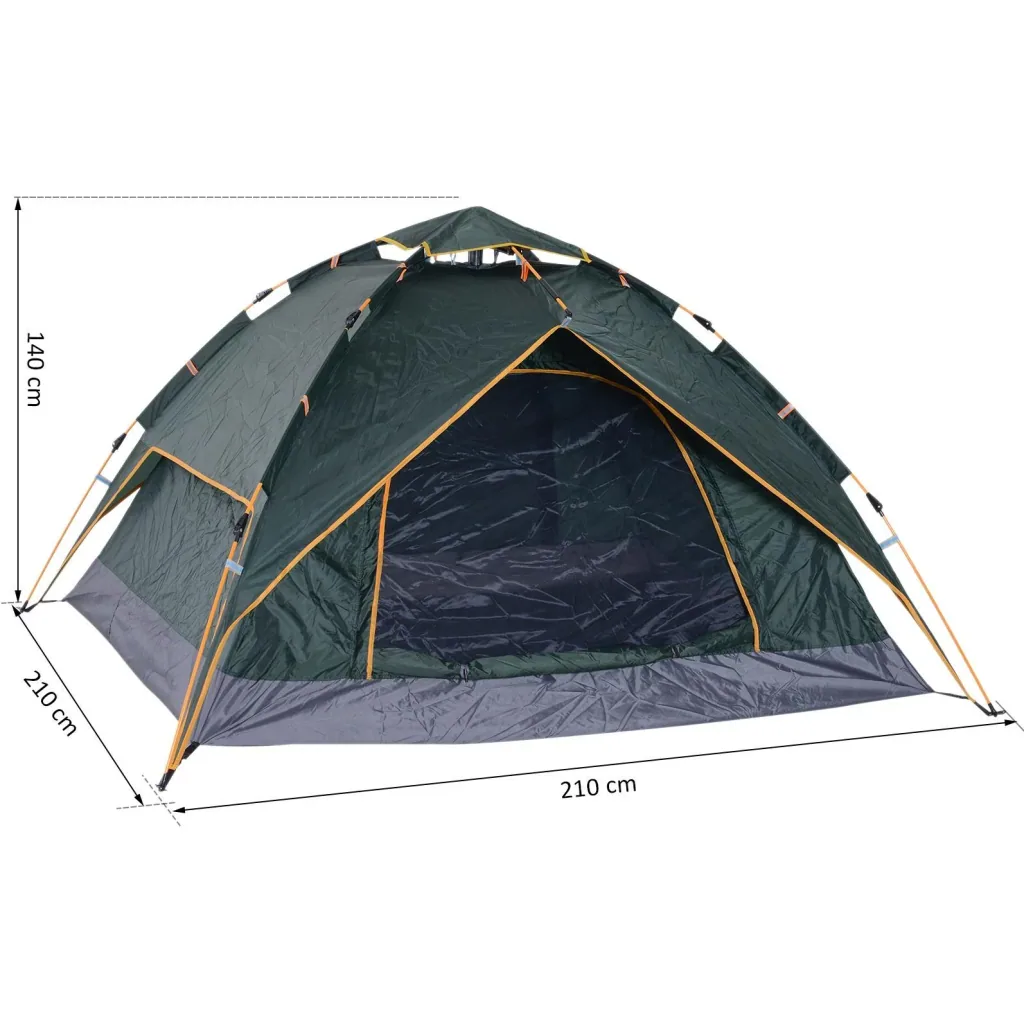 Doppelzelt Campingzelt Quick-Up-Zelt 2 Erwachsene + 1 Kind wasserdicht Tragetasche 2 Türen Dunkelgrün 210 x 210 x 140 cm