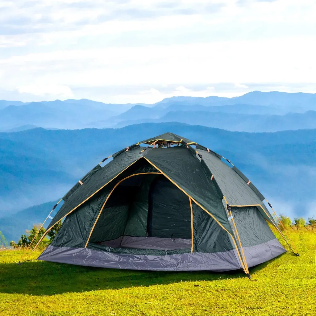 Doppelzelt Campingzelt Quick-Up-Zelt 2 Erwachsene + 1 Kind wasserdicht Tragetasche 2 Türen Dunkelgrün 210 x 210 x 140 cm