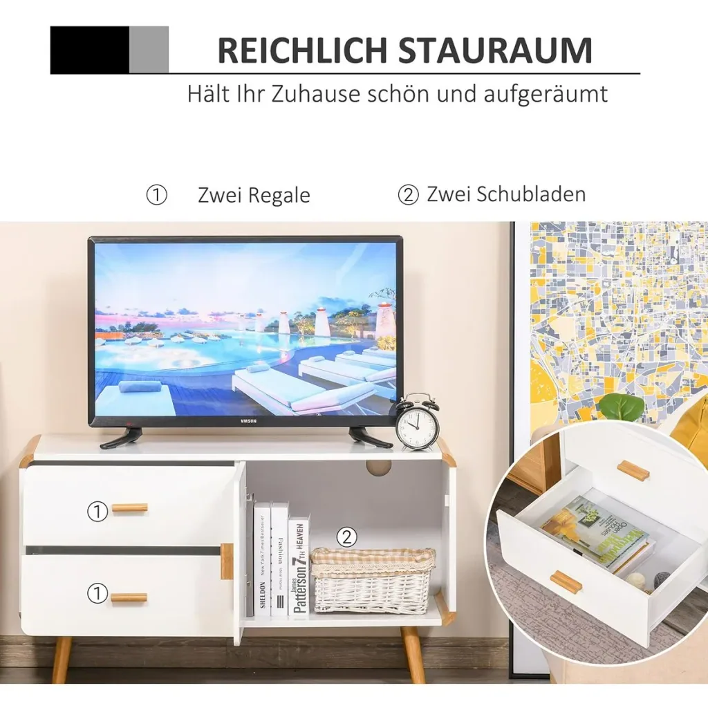 TV Schrank mit 2 Schubladen und 1 Fach Weiß+Natur