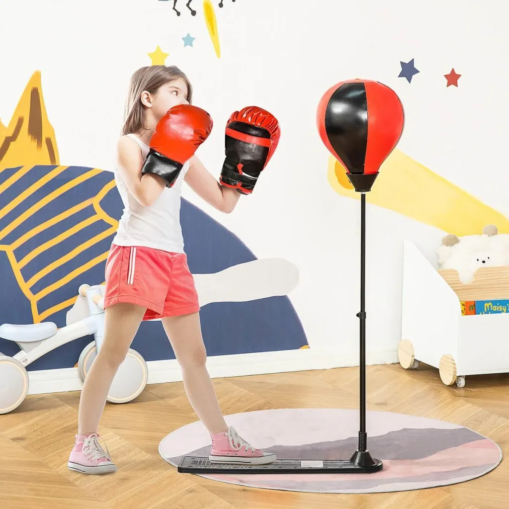 Boxset Boxstand für Kinder Punchingball Set höhenverstellbar 87,5-129,5 cm Standboxsack mit Boxhandschuhe Pumpe für Kind