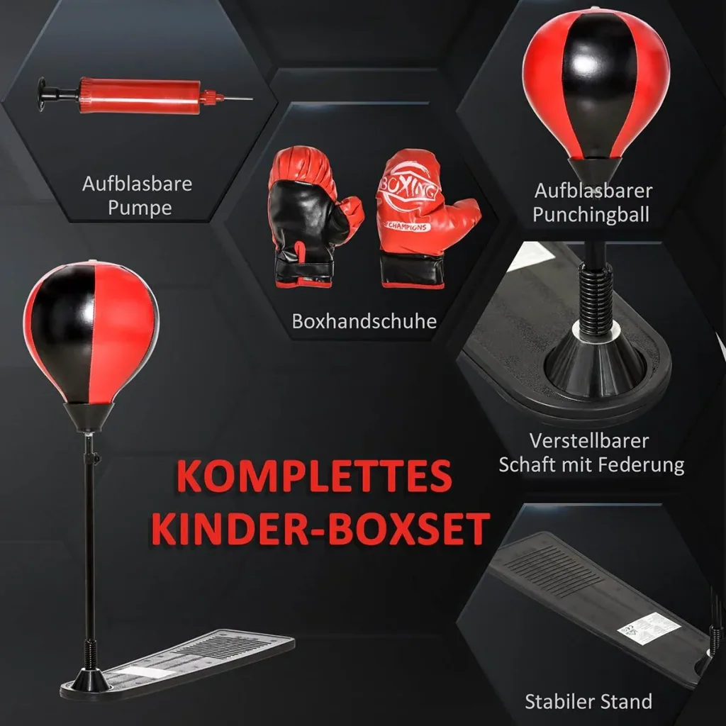 Boxset Boxstand für Kinder Punchingball Set höhenverstellbar 87,5-129,5 cm Standboxsack mit Boxhandschuhe Pumpe für Kind