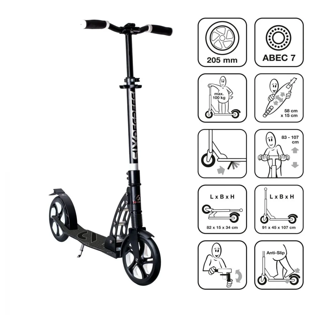 Aluminium Scooter mit Frontfederung, Klappmechanismus, 205 mm, ABEC 7, höhenverstellbar, schwarz