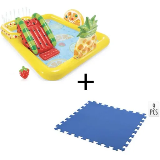 Aufblasbares Kinderbecken mit Rutsche Obst 244 x 191 x 91 cm INKL. Free And Easy Schwimmbadfliesen Schaumstoff Blau 9