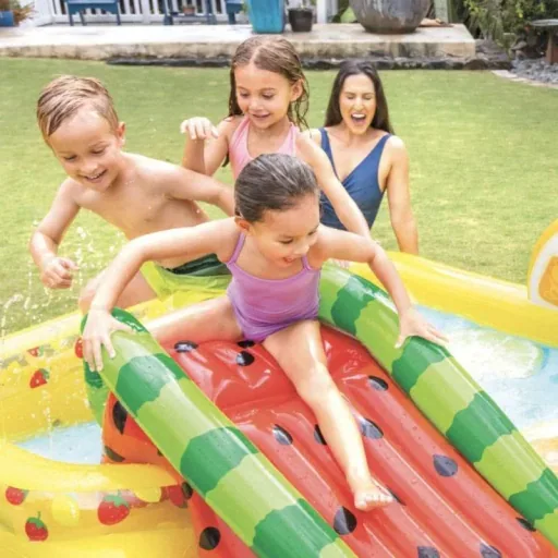 Aufblasbares Kinderbecken mit Rutsche Obst 244 x 191 x 91 cm INKL. Free And Easy Schwimmbadfliesen Schaumstoff Blau 9