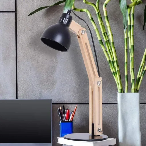 Tischleuchte Schreibtischlampe verstellbar Leselampe Büro Metall + Holz schwarz 26 x 15 x 41 cm