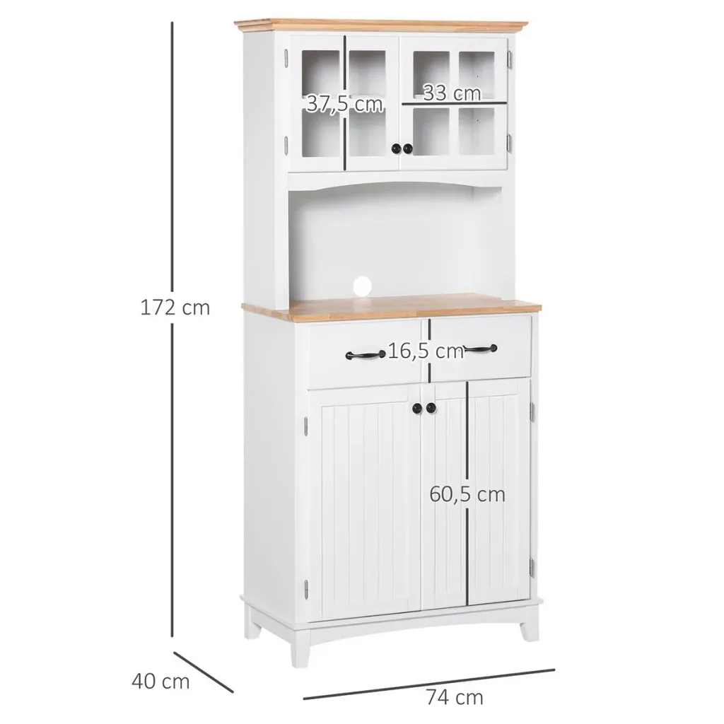 Küchenschrank mit 2 Schubladen, Hochschrank mit verstellbaren Ablagen, Kommode, MDF, Gummiholz, 74 x 40 x 172 cm