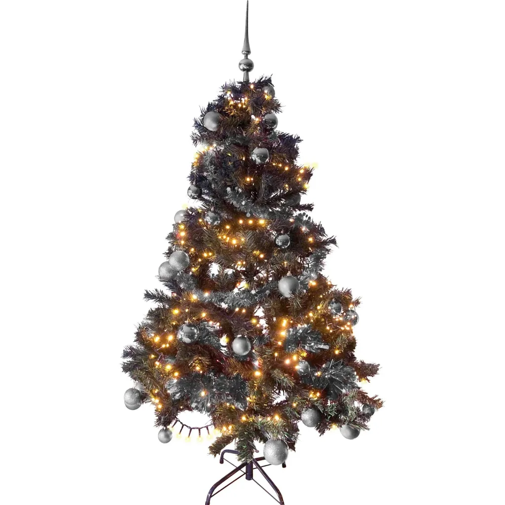 Schwarzwälder Weihnachtsbaum-Paket 150cm Silber + Weihnachtskugeln + Weihnachtsbeleuchtung + Weihnachtsgirlande + Spitze