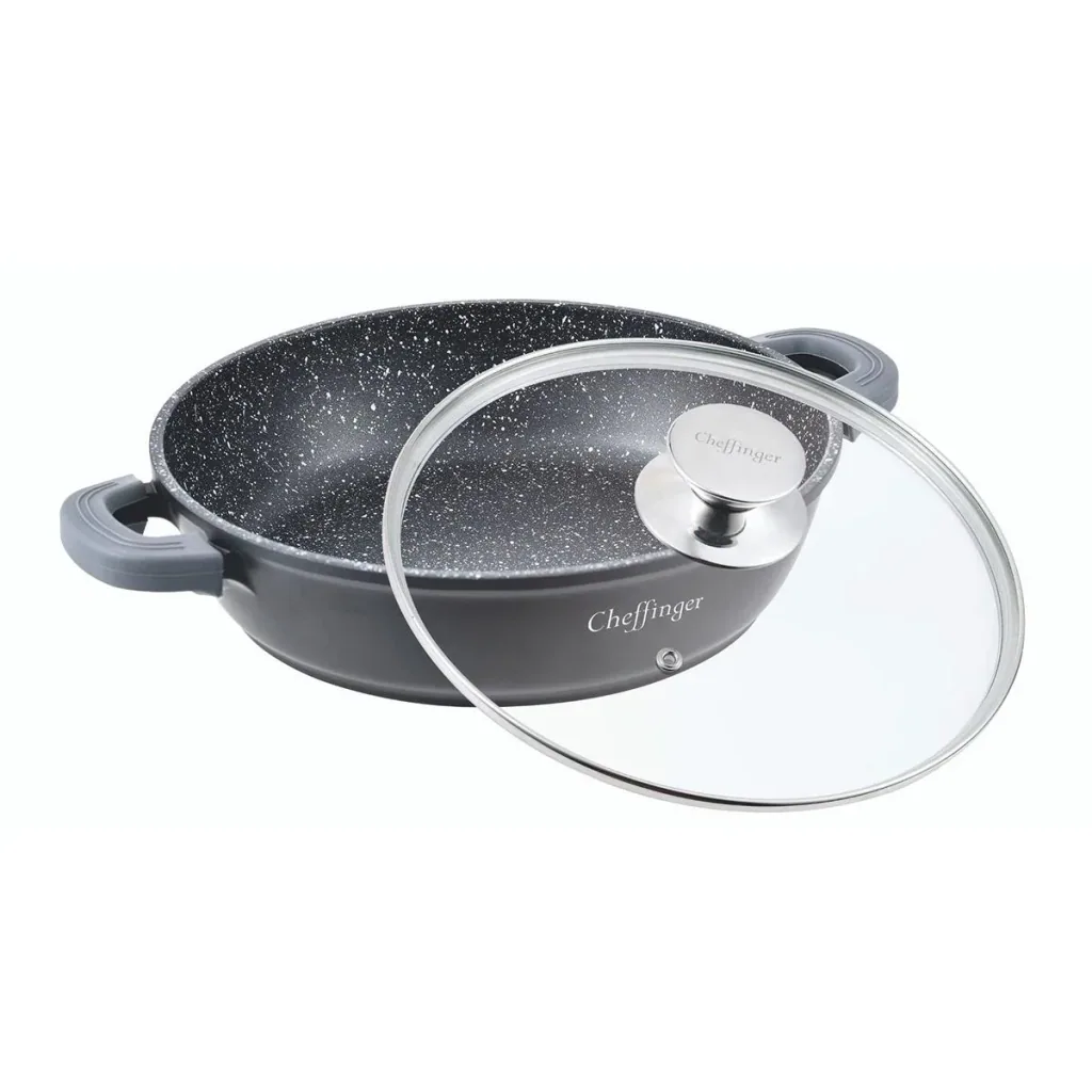 Cheffinger Schmortopf / Niedriger Kochtopf - Marmorbeschichtung - mit abnehmbaren Silikongriffen - Edelstahl - 32 cm
