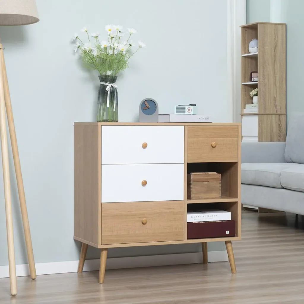 Sideboard Küchenschrank Kommode mit 2 offenen Fächern 4 Schubladen Skandi-Design Natur+Weiß 80 x 39 x 80 cm
