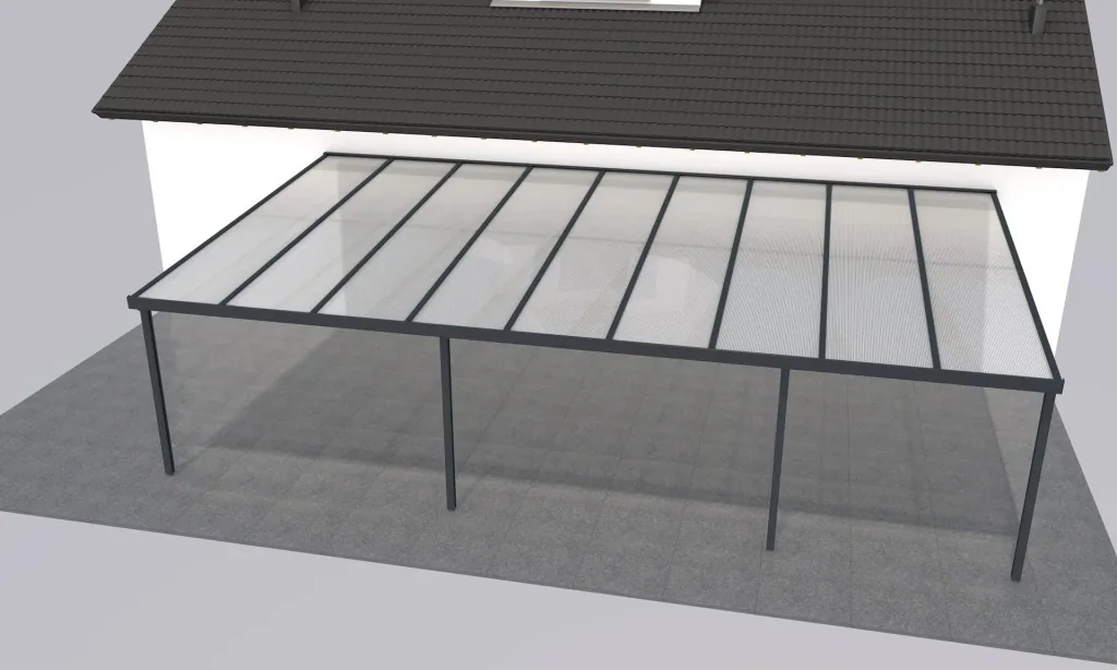 Terrassendach Premium, anthrazit, 9135 x 5060 mm - Polycarbonat Stegplatten 16 mm, weiß gestreift