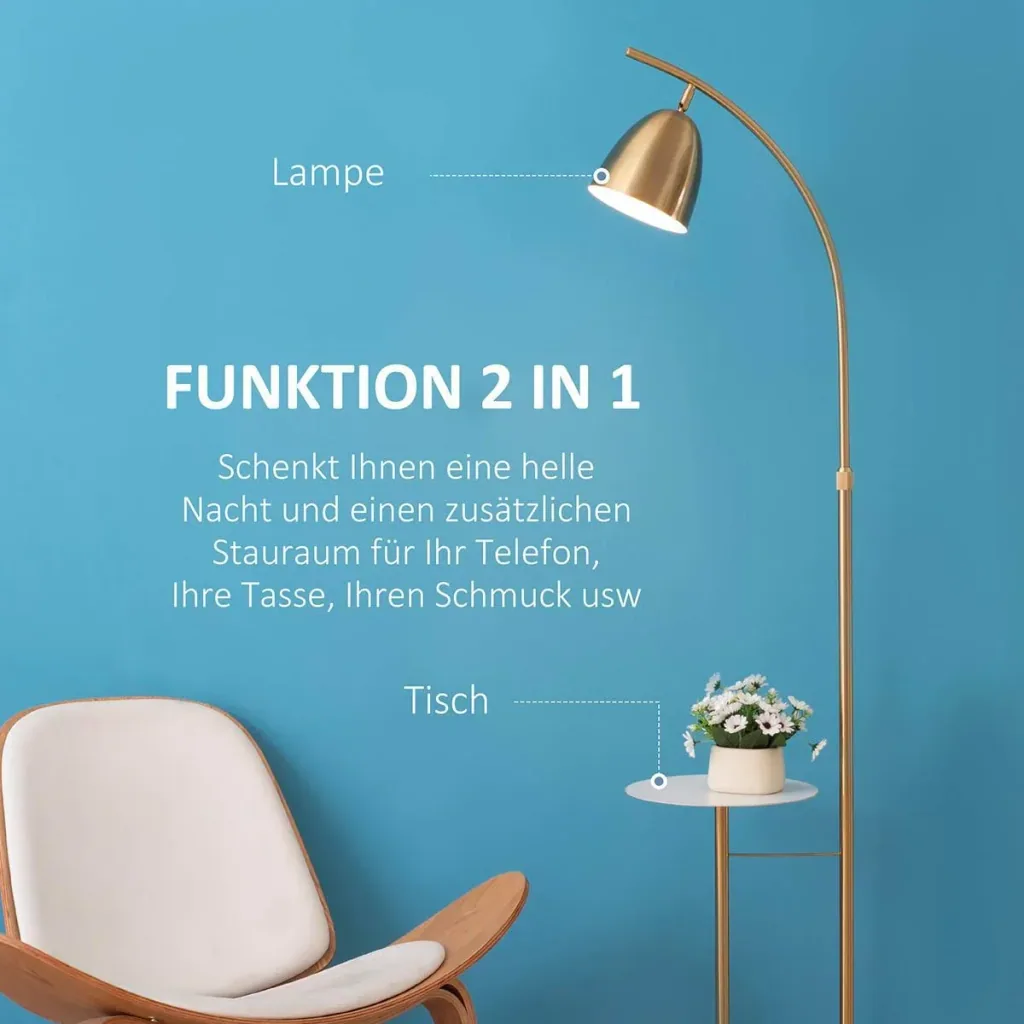 Stehlampe Standleuchte mit Desktop Netzkabel mit Fußschalter für Wohnzimmer Schlafzimmer Büro Metall Gold+Weiß 30 x 44 x