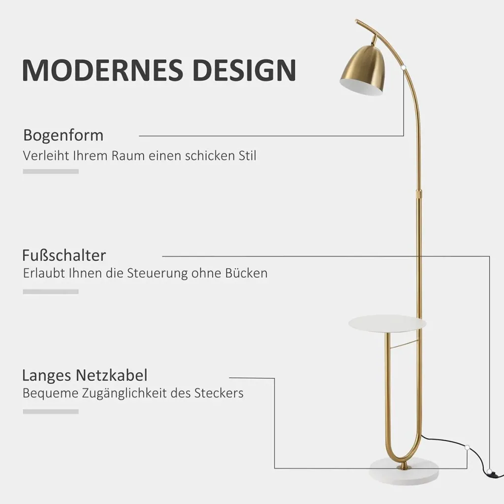 Stehlampe Standleuchte mit Desktop Netzkabel mit Fußschalter für Wohnzimmer Schlafzimmer Büro Metall Gold+Weiß 30 x 44 x