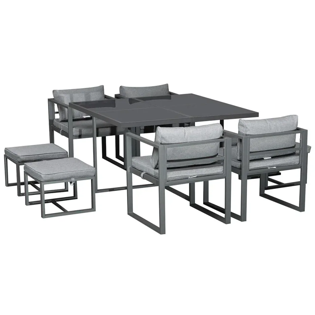 Sitzgruppe Gartentischset Gartenmöbel Metall 9 teilig 4 Stühle 4 Hocker Tisch Esstisch Polyester Glas Grau