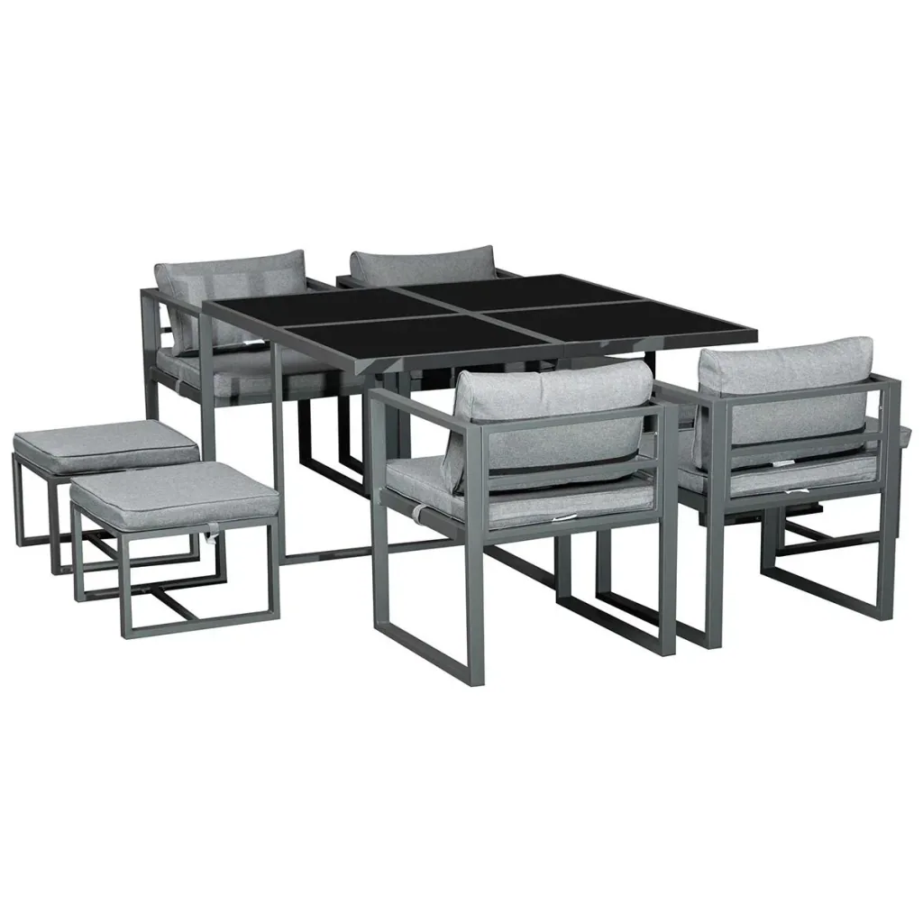 Sitzgruppe Gartentischset Gartenmöbel Metall 9 teilig 4 Stühle 4 Hocker Tisch Esstisch Polyester Glas Grau
