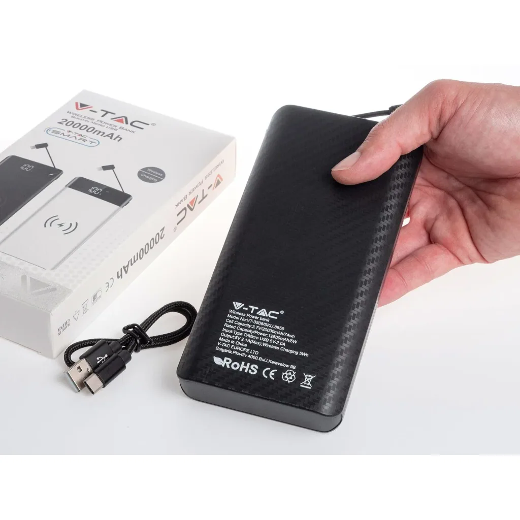VT-3508 Netzteil mit drahtloser QI-Ladefunktion - 20.000mah - einschließlich Mikro-USB-Kabel - schwarz