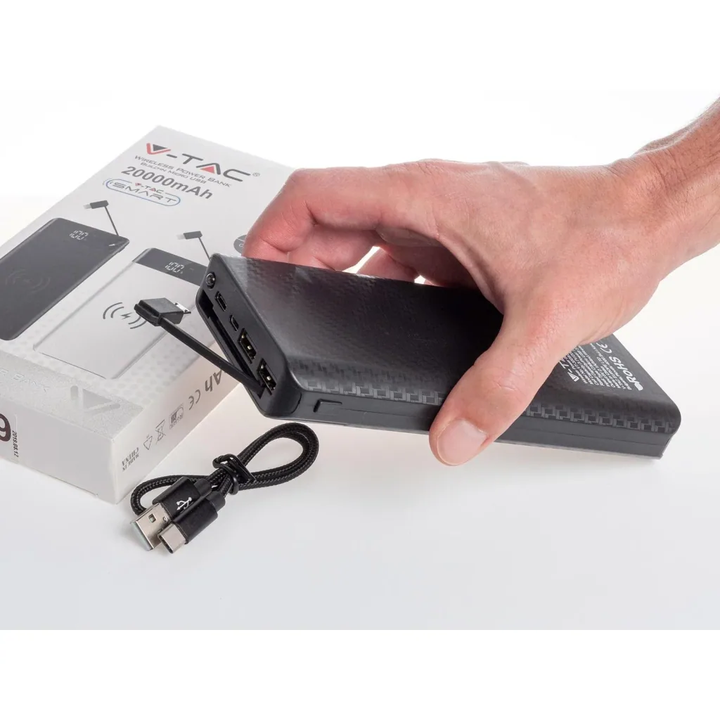 VT-3508 Netzteil mit drahtloser QI-Ladefunktion - 20.000mah - einschließlich Mikro-USB-Kabel - schwarz