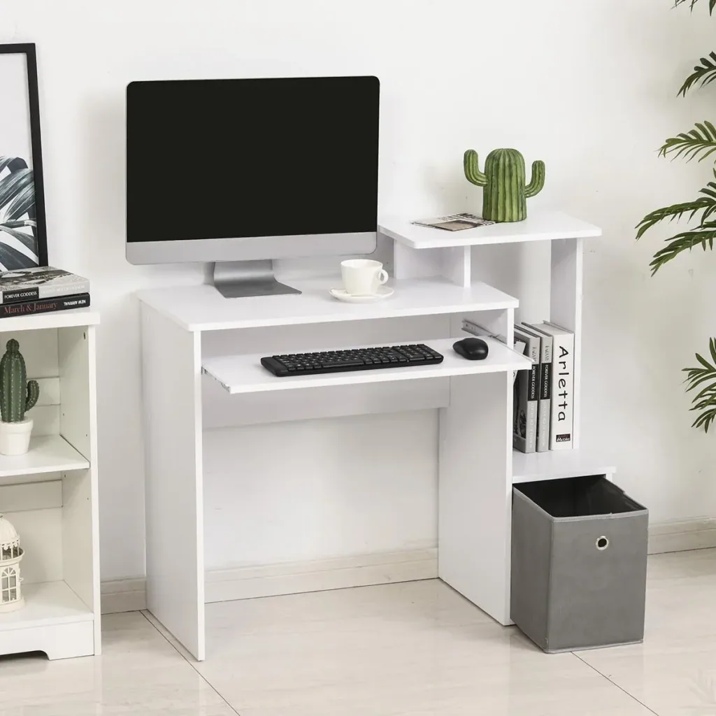 Computertisch, Schreibtisch, Bürotisch, Gamingtisch, PC-Tisch mit Tastaturablage, Schublade, E1 Spanplatte, Weiß, 100 x