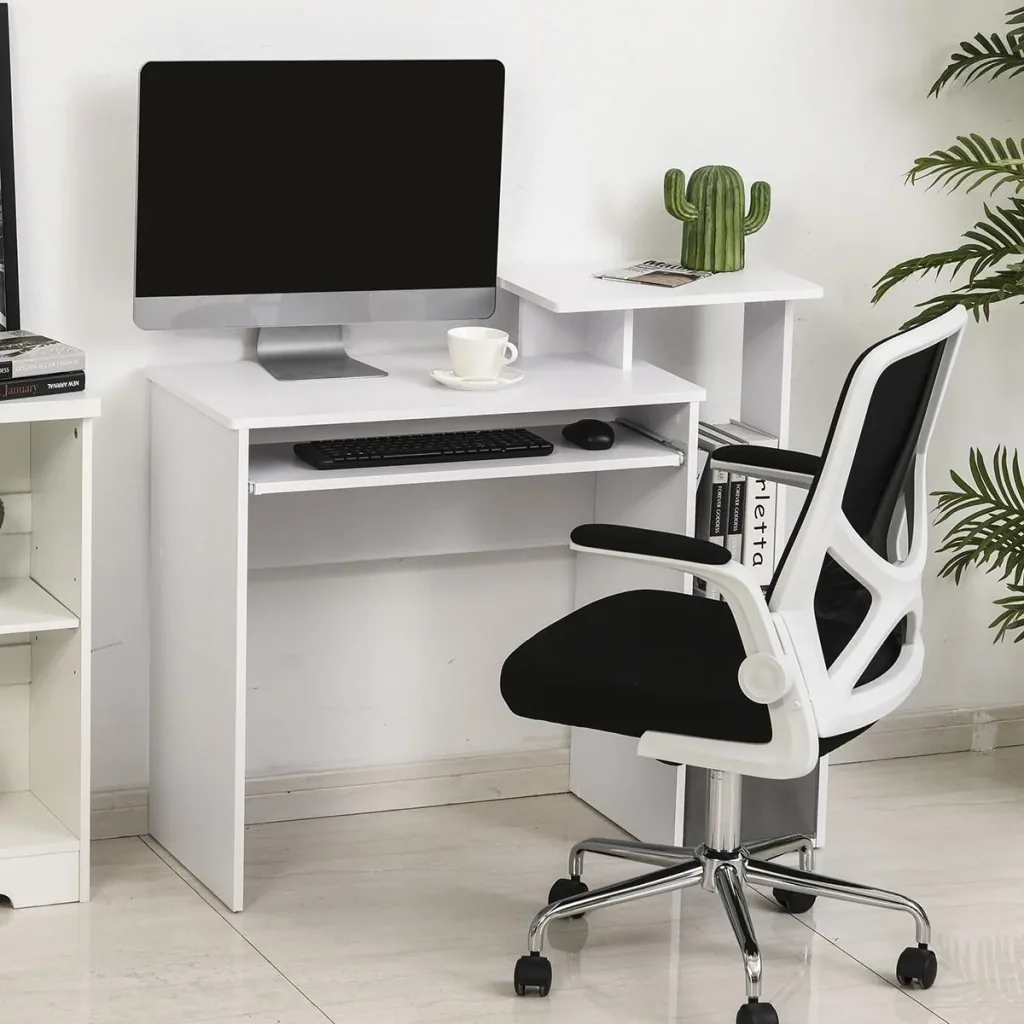 Computertisch, Schreibtisch, Bürotisch, Gamingtisch, PC-Tisch mit Tastaturablage, Schublade, E1 Spanplatte, Weiß, 100 x