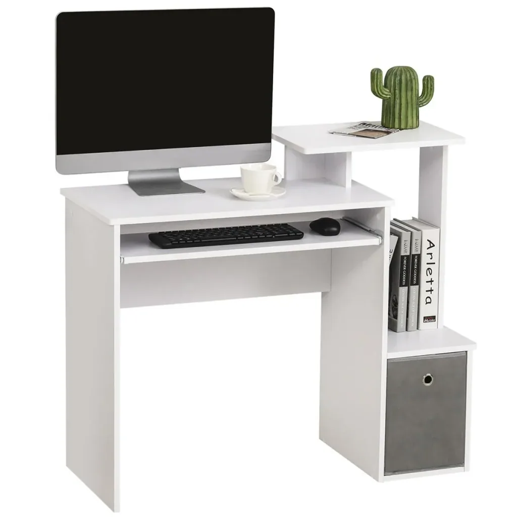 Computertisch, Schreibtisch, Bürotisch, Gamingtisch, PC-Tisch mit Tastaturablage, Schublade, E1 Spanplatte, Weiß, 100 x