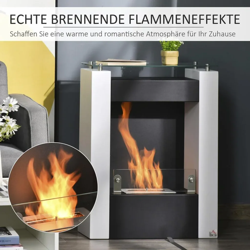 Ethanol-Kamin Bio-Ethanol-Brenner 2000W 1,5L 3 Std. Stahl Edelstahl gehärtetes Glas Weiß+Schwarz 60 x 20 x 79 cm
