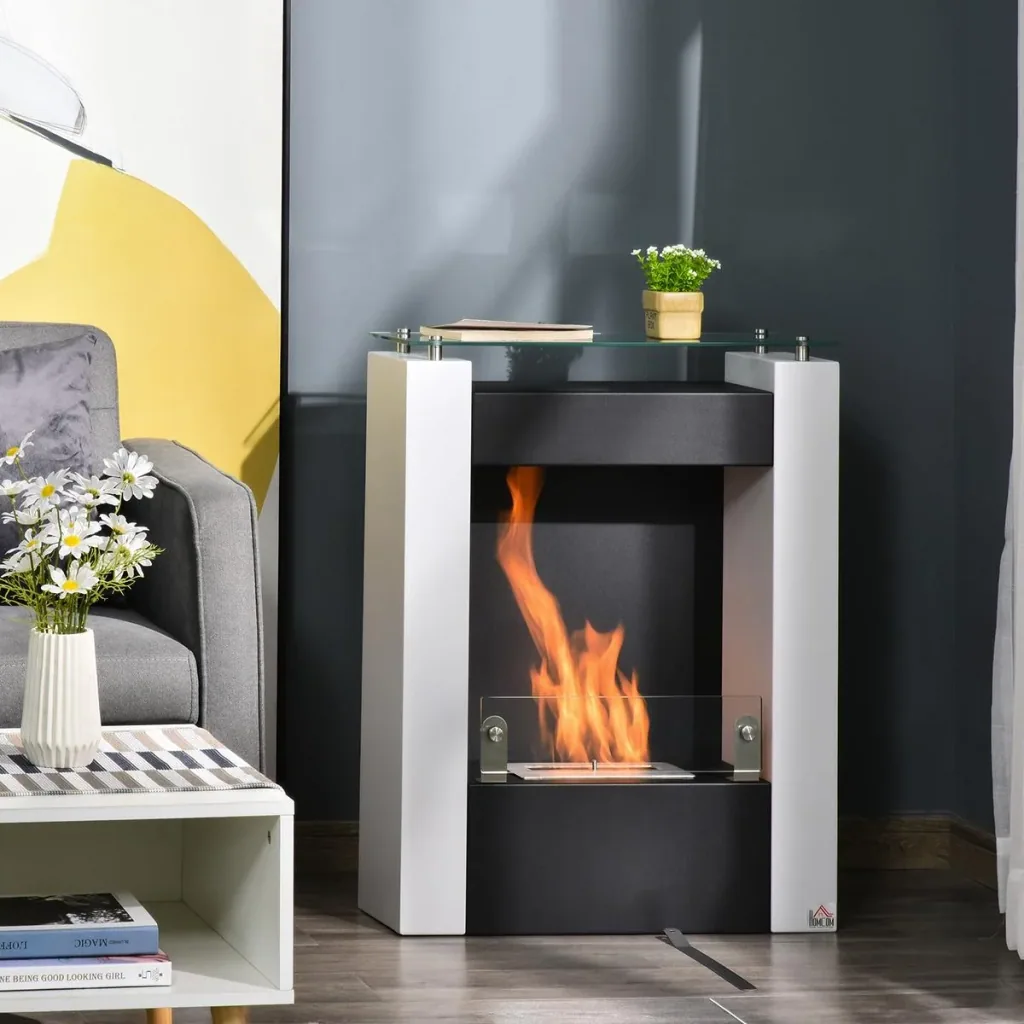 Ethanol-Kamin Bio-Ethanol-Brenner 2000W 1,5L 3 Std. Stahl Edelstahl gehärtetes Glas Weiß+Schwarz 60 x 20 x 79 cm