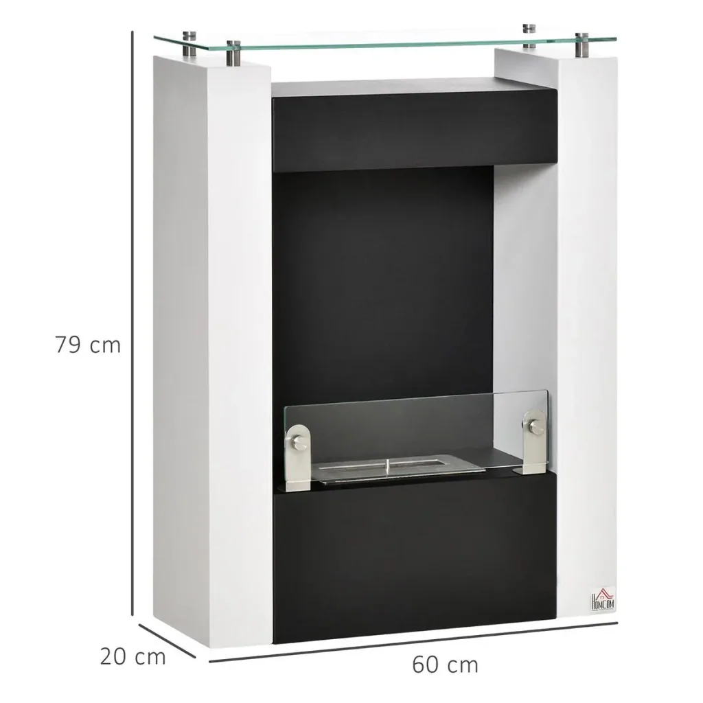 Ethanol-Kamin Bio-Ethanol-Brenner 2000W 1,5L 3 Std. Stahl Edelstahl gehärtetes Glas Weiß+Schwarz 60 x 20 x 79 cm