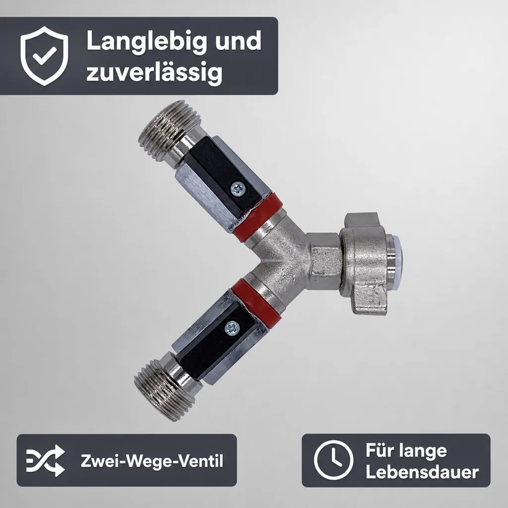 Absperrhahn, Absperrventil 2-leitig, für Druckminderer, Gewindegrößen: 1 x 3/4“ IG und 2 x 3/4“ AG