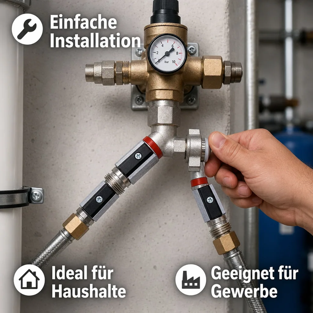 Absperrhahn, Absperrventil 2-leitig, für Druckminderer, Gewindegrößen: 1 x 3/4“ IG und 2 x 3/4“ AG