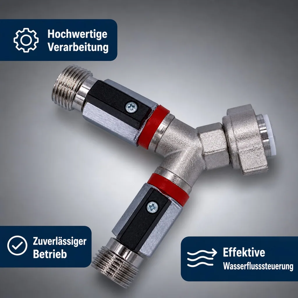 Absperrhahn, Absperrventil 2-leitig, für Druckminderer, Gewindegrößen: 1 x 3/4“ IG und 2 x 3/4“ AG