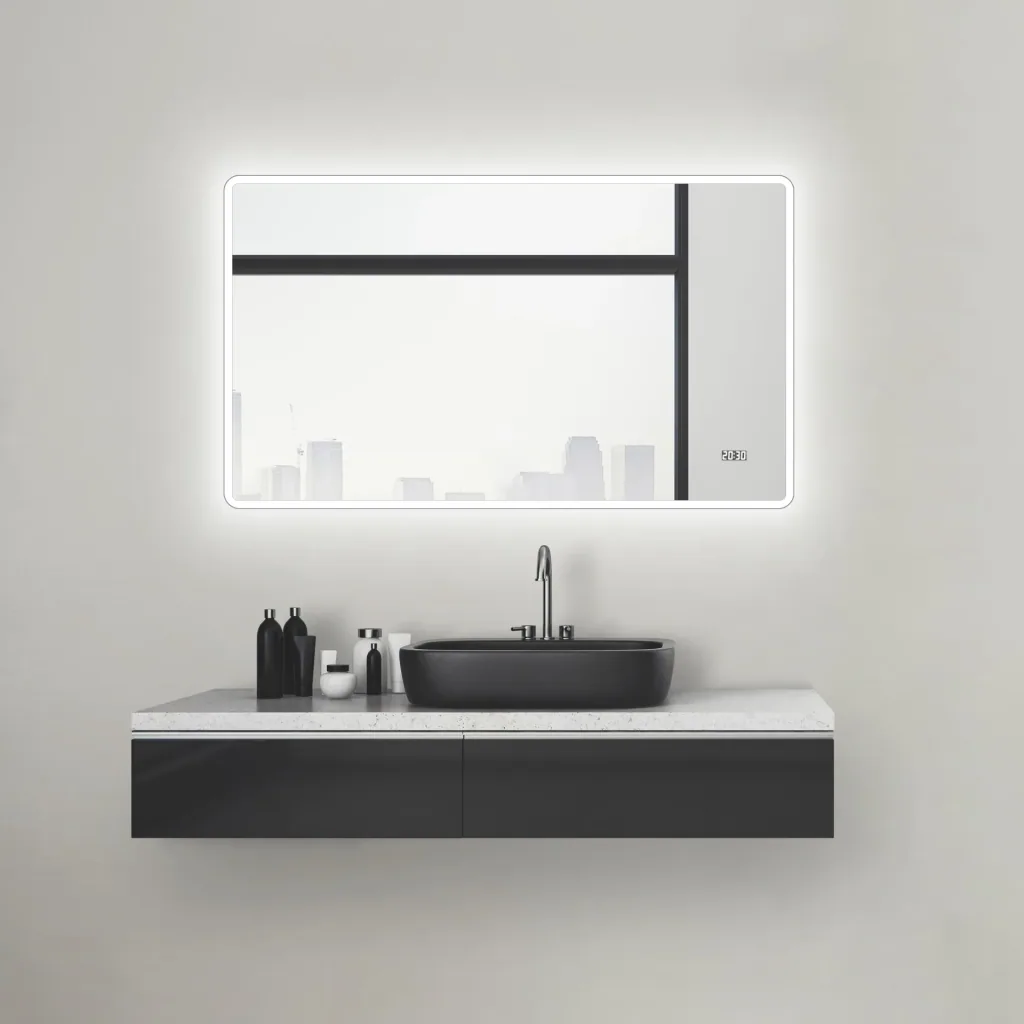 Badezimmerspiegel mit Beleuchtung, "Sun" - 120 x 70 cm - Lichtumrahmung - Lichtfarbe neutralweiß - Digitaluhr