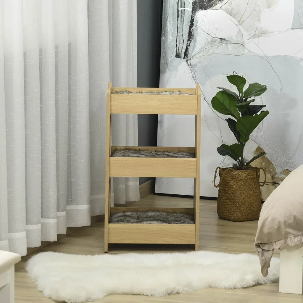 Katzenbett dreiistöckiges Katzenhaus mit Löcher weichen Kissen Polyester MDF Natur+Weiß+Grau 50 x 43 x 74 cm