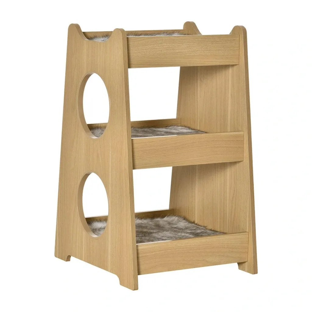 Katzenbett dreiistöckiges Katzenhaus mit Löcher weichen Kissen Polyester MDF Natur+Weiß+Grau 50 x 43 x 74 cm