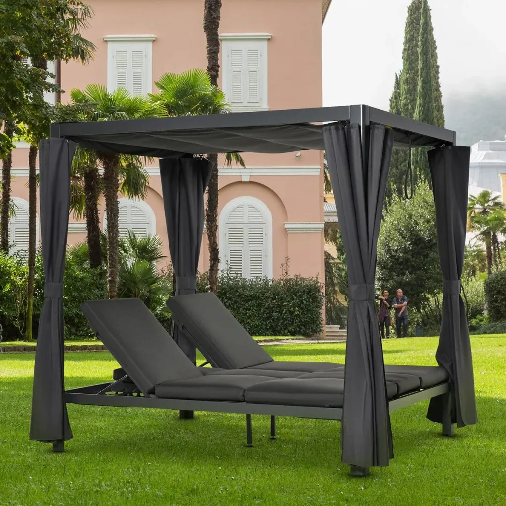 Sonnenliege für 2 Personen Doppelliege mit Vorhängen Sonnendach Pavillon Gartenliege Sonnenbett vertsellbar Aluminium Po