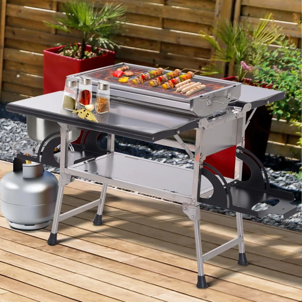 Klappgrill Gasgrill Standgrill tragbar Tischgrill Camping Garten BBQ Edelstahl Silber 58 x 34,2 x 34 cm