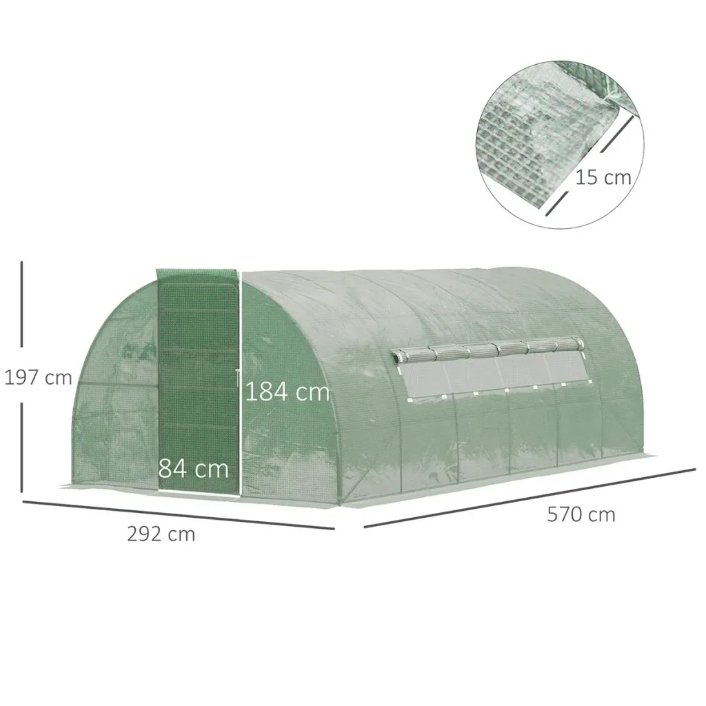 Foliengewächshaus 6 x 3 x 2 m Tunnel Gewächshaus Treibhaus Pflanzenhaus Folienzelt 2 Fenster Gitterfolie Grün