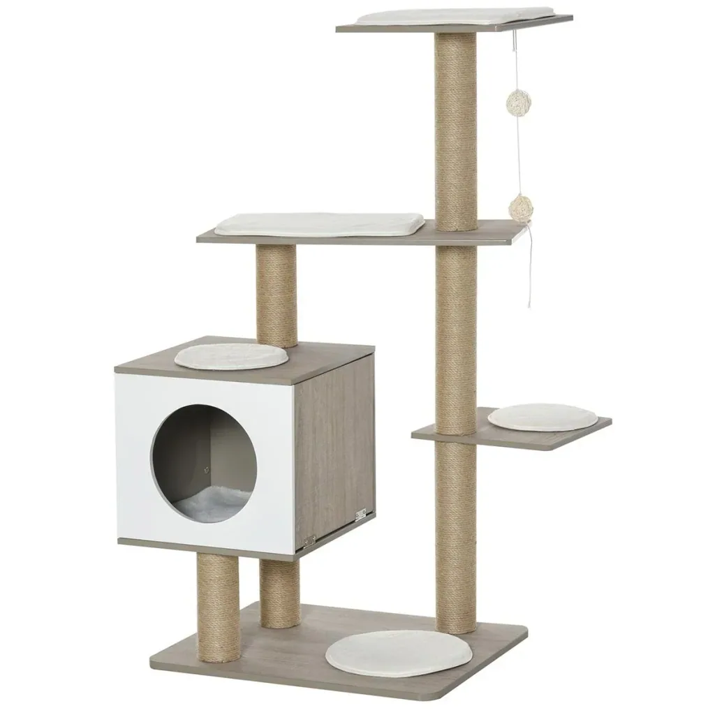 Kratzbaum Katzenbaum Kletterbaum für Katzen Mehrstufiges Multiaktivitätszentrum mit Katzenhöhle Rampe Weichkissen E1 MDF
