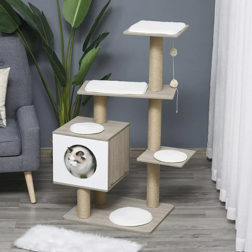 Kratzbaum Katzenbaum Kletterbaum für Katzen Mehrstufiges Multiaktivitätszentrum mit Katzenhöhle Rampe Weichkissen E1 MDF