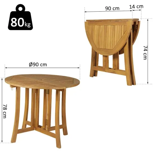 Klapptisch Beistelltisch Gartentisch Holztisch klappbar mit Schirmloch Akazie Natur Ø90 x 78 cm