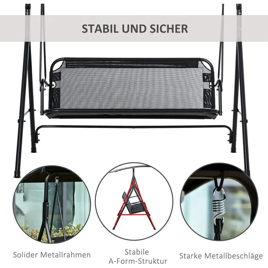 3- Sitzer Hollywoodschaukel mit Sonnendach schwarz