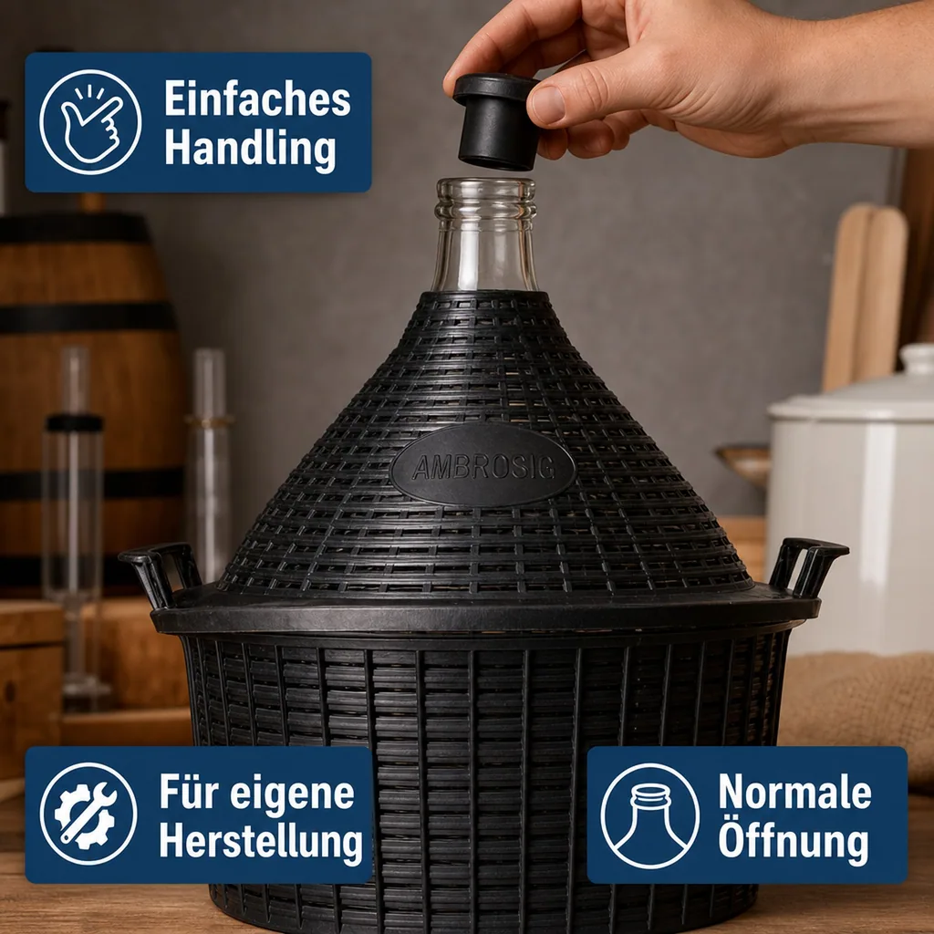 Weinballon, Glasballon, Dame Jeanne im Weidenkorb - 25L, normale Öffnung + Kunststoffstopfen