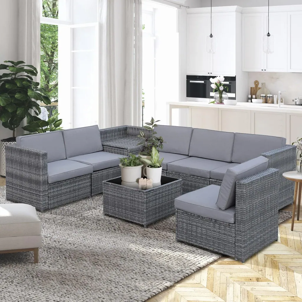 8-tlg, Polyrattan Gartengarnitur Gartenmöbel Garten-Set Sitzgruppe Loungemöbel Beistelltisch als Aufbewahrungskorb Grau