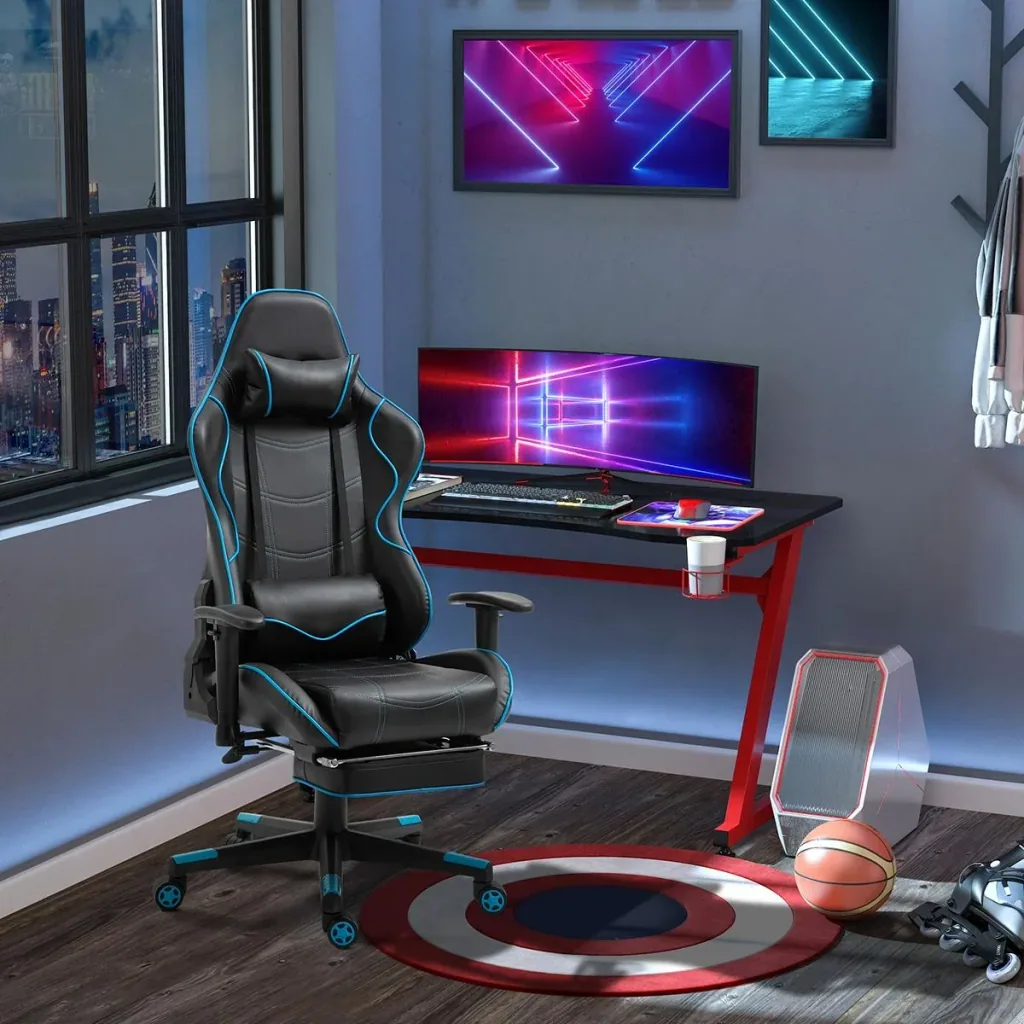 Gamingstuhl mit Kopfstütze Lendenkissen Bürostuhl mit Fußstütze höhenverstellbarer Schaumstoff Nylon Kunstleder Schwarz+