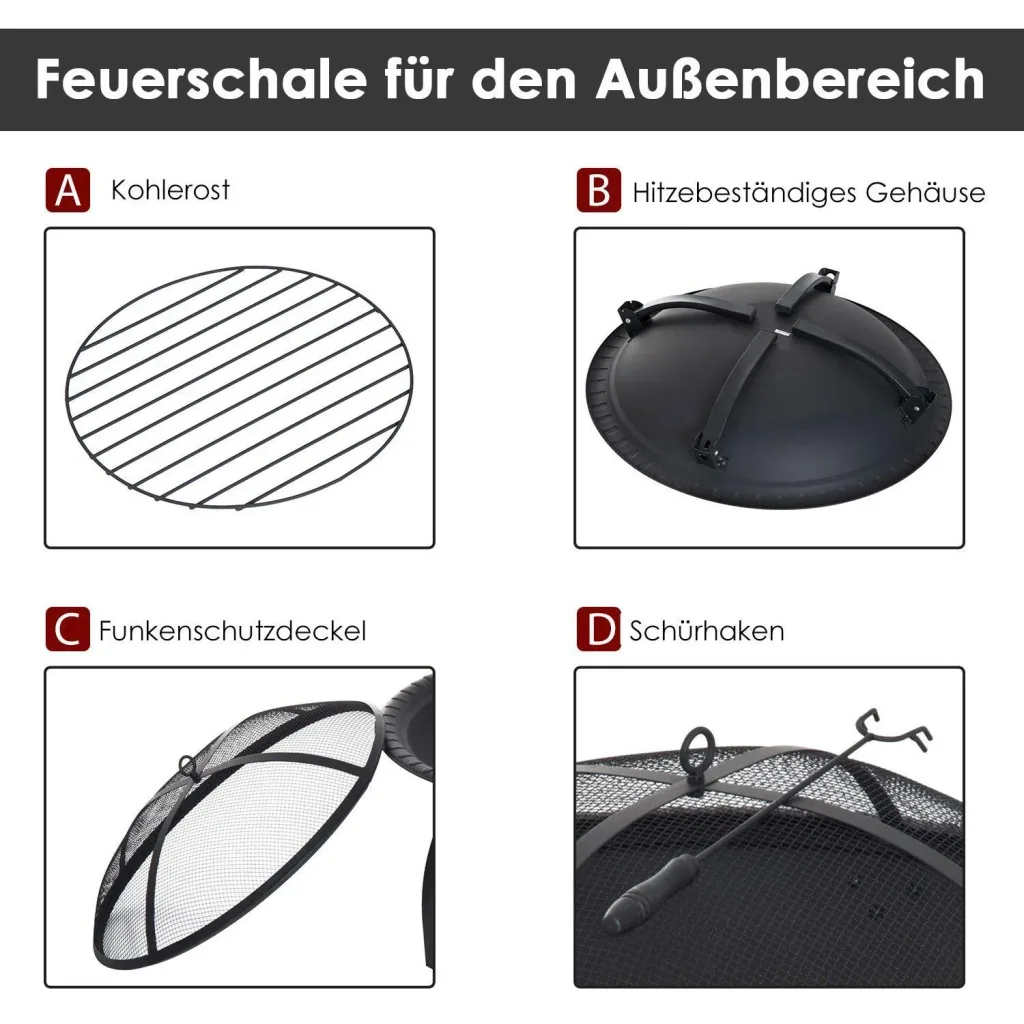 Feuerschale mit Funkenschutz klappbar 66cm Schwarz