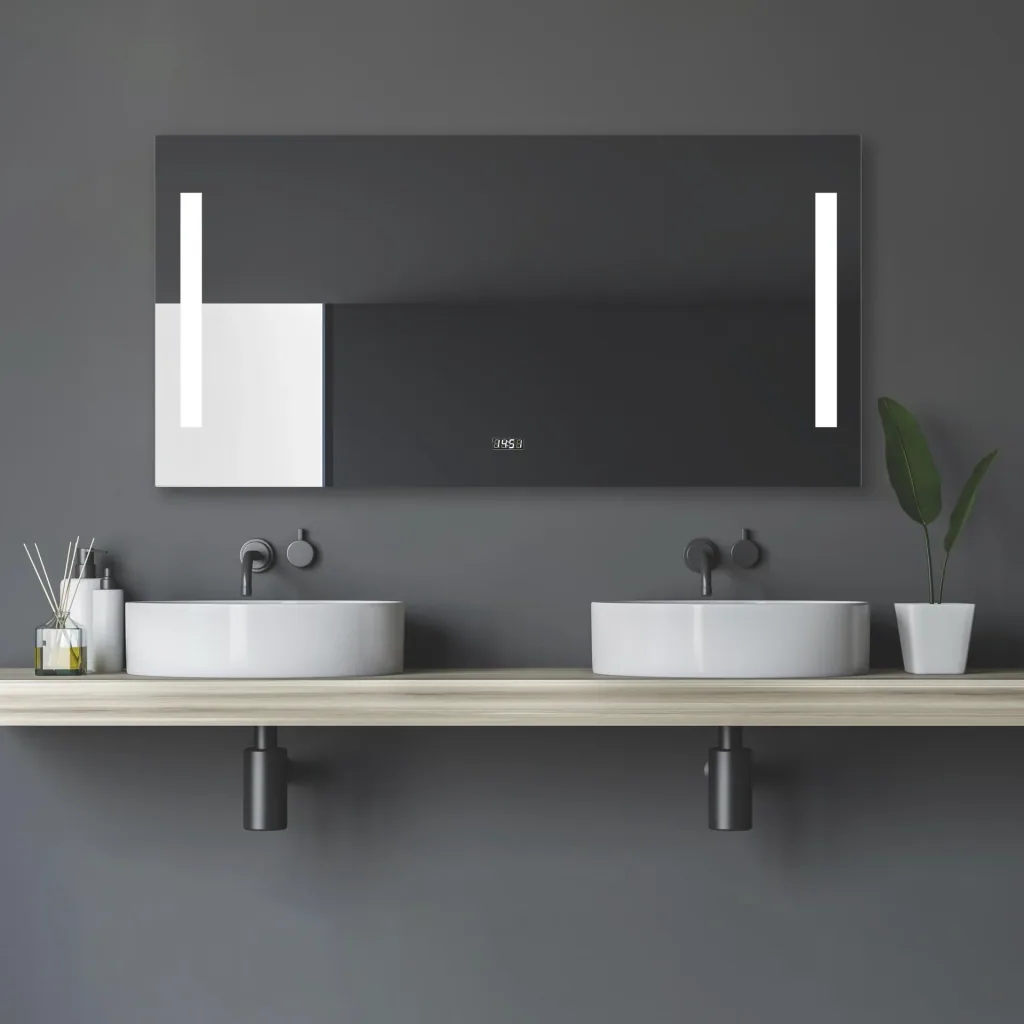 Badezimmerspiegel mit Beleuchtung, "Star" - 120 x 60 cm - Lichtfarbe neutralweiß - Digitaluhr