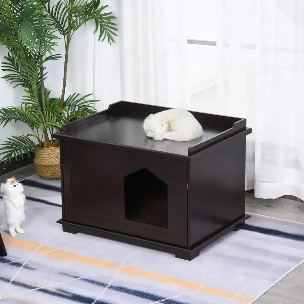 Katzentoilette, Katzenklo, Katzenhaus, Katzenschrank für Katzenbett mit Drehtür, MDF, Braun, 74 x 54 x 53 cm