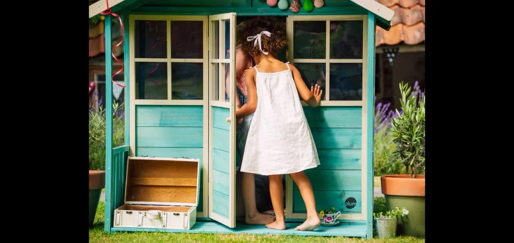 Holz Spielhaus Deckhouse, Outdoor-Spielhaus für Kinder aus Holz, Veranda, Spitzdach, türkis