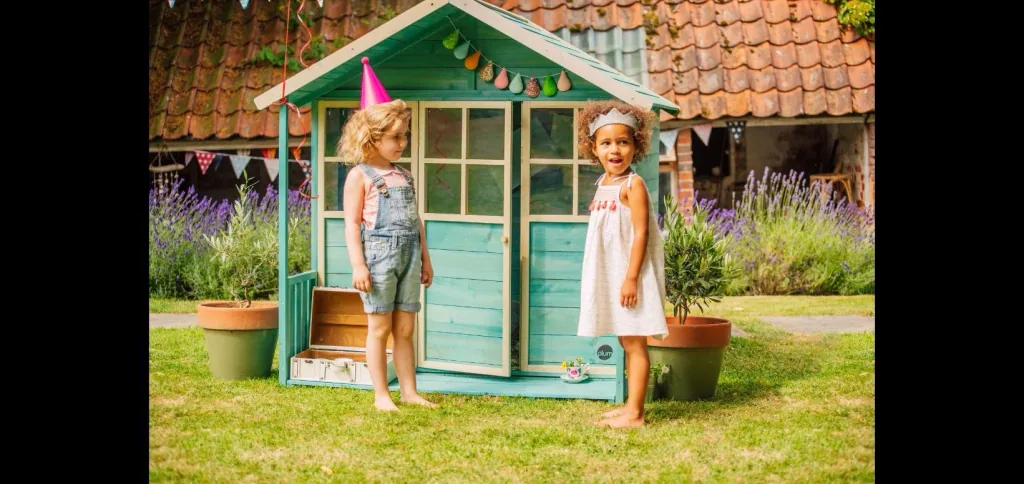 Holz Spielhaus Deckhouse, Outdoor-Spielhaus für Kinder aus Holz, Veranda, Spitzdach, türkis