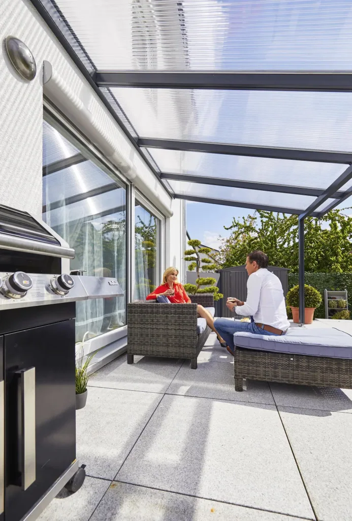 Terrassendach Premium, anthrazit, 4102 x 3060 mm - Polycarbonat Stegplatten 16 mm, weiß gestreift