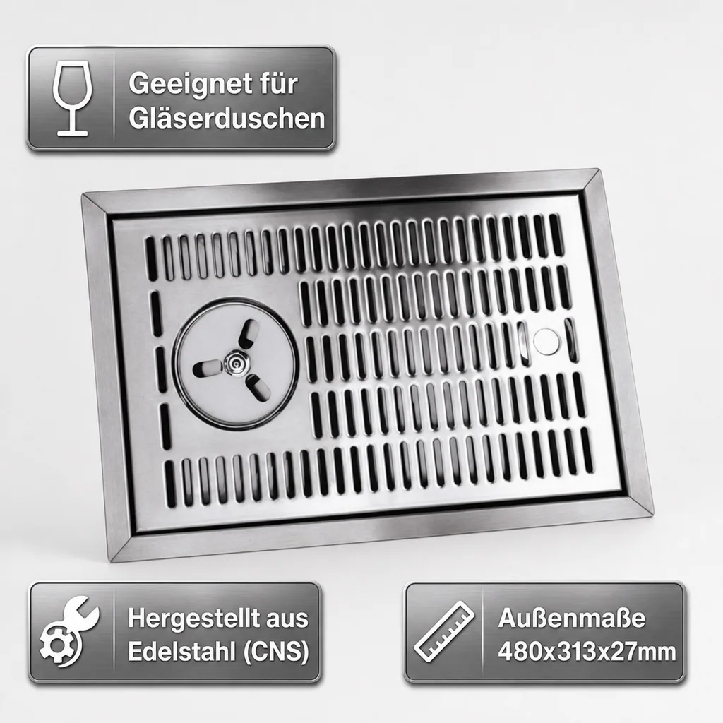 Tropfblech, Abtropfblech, Tropfschale - CNS zum Einlassen für Gläserdusche, 480 x 313 mm
